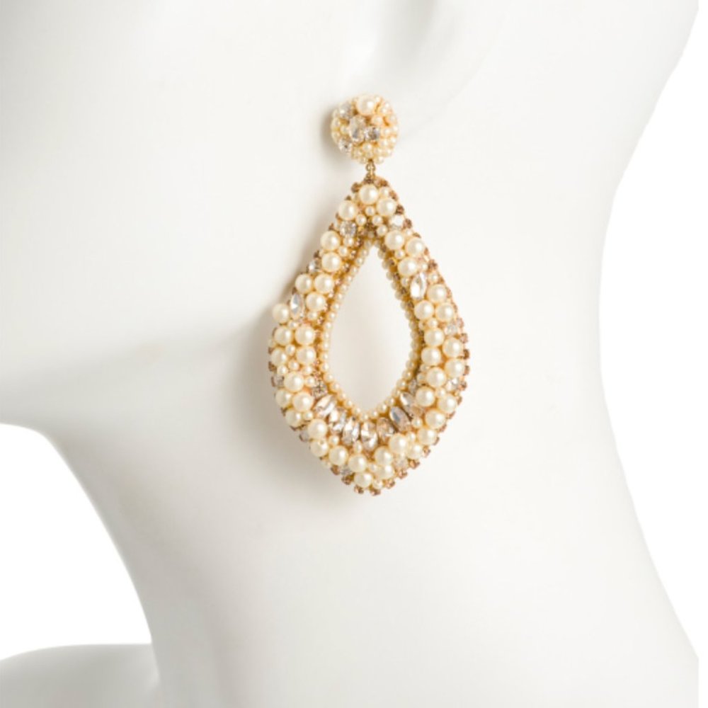 Deepa Gurnani Pearl & Rhinestone Statement Chandelier Earrings Ivory NWT - Picture 2 of 14